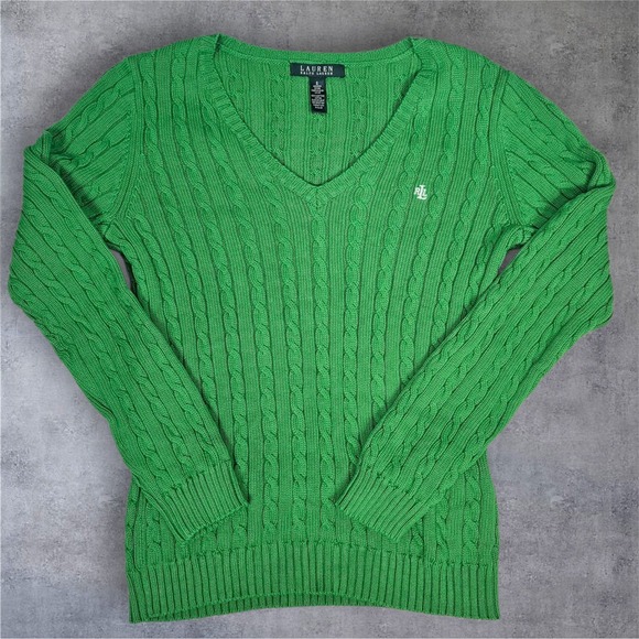 Lauren Ralph Lauren Lime Green Cable Knit V Neck Cotton Sweater Small N1 - Picture 1 of 9